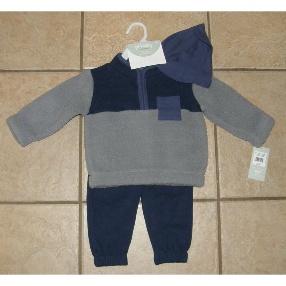 PL BABY Boys Sz 12 Months Blue Pants, Fleece Shirt & Beanie Cap 3 Pc Outfit NEW